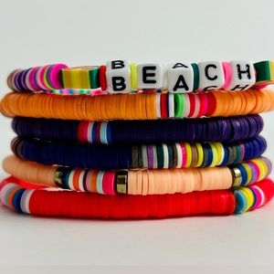 Boho beach fruity purple and peachy colours clay bead bracelets stacked set of 6